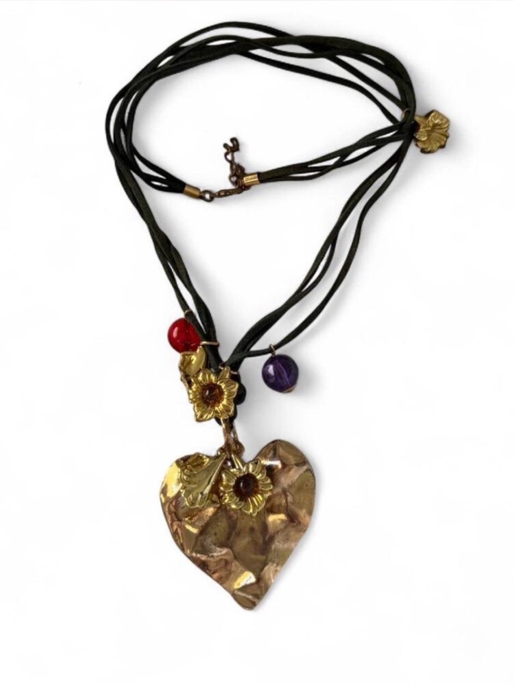 Gold Heart & Floral Pendant Necklace with Red and Purple Accents